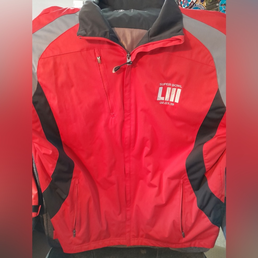 Men’s red Super Bowl 53 jacket and hat duo